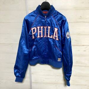 HARDWOOD CLASSICS NBA 76ers シクサーズ 旧ロゴ サテン スタジャン 青 S 美品 管理C562