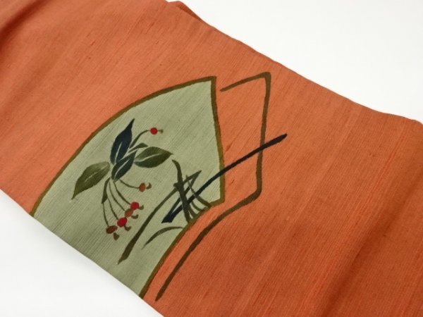 ys6697560; Nagoya-Obi mit Blatt- und Fruchtmusterstickerei auf handgezeichnetem Papier [Recycelt] [Ankunft], Band, Nagoya-Obi, Maßgeschneidert