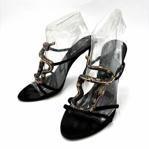 C ＊ イタリア製 '高級感溢れる' Roberto Cavalli レベルトカヴァリ 本革 スネーク 蛇 デザイン / ヒール サンダル EU38.5 24~24.5cm 靴