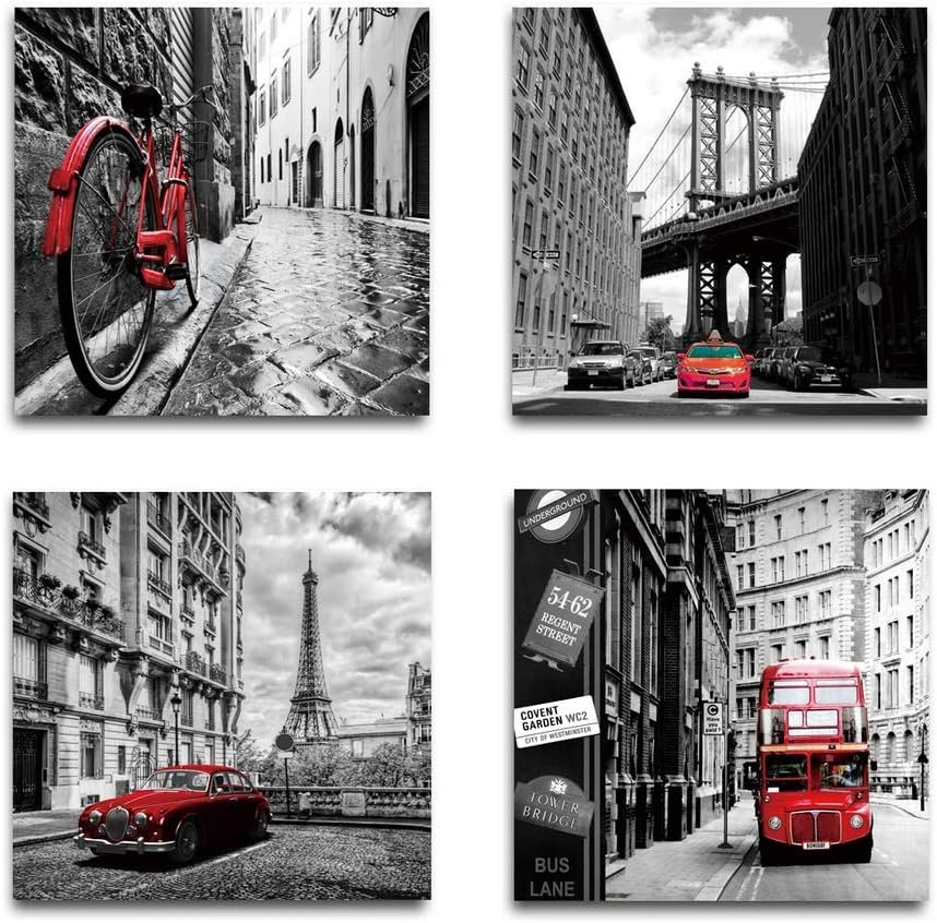Super popular ★ Stylish 4-panel art, retro city streetscape, interior wall hanging, retro room decoration, canvas poster, decorative painting z138, Artwork, Painting, others