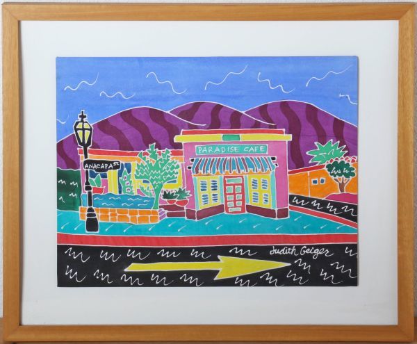 8161 주디스 가이거(JUDITH GEIGER) PARADISE CAFE 실크 + 손으로 염색한 원본 예술 정품 손으로 그린 캘리포니아 여성 아티스트, 그림, 수채화, 자연, 풍경화
