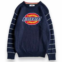 Dickies ディッキーズ 切替 ボーダー プリント ロゴ アクリル ウール ニット セーター クルーネック トップス 古着 S ネイビー 紺_画像1