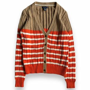 美品 国内正規 TOMMY HILFIGER トミーヒルフィガー 5釦 ボーダー 切替 コットン ニット カーディガン ケーブル編み セーター S ブラウン系