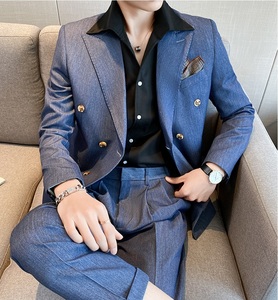 新品 スーツセット ビジネススーツ メンズ ダブルスーツ 上下セット シングルスーツ 高級無地 スリム 二つボタン 紳士結婚式 ブルー M~3XL