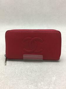 CHANEL◆長財布/レザー/RED/レディース/ラウンドファスナー長財布/キャビアスキン