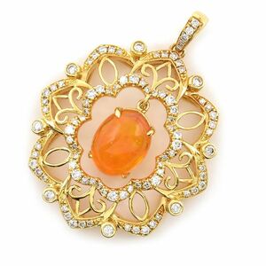  approximately 3ct natural fire opal pendant top K18WG 0.659ct diamond kaboshon cut open Work yellow gold used free shipping 