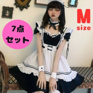 7点セット　メイド服　ハロウィン　ロリータ　コスプレ　ゴスロリ　タイツ付き　M