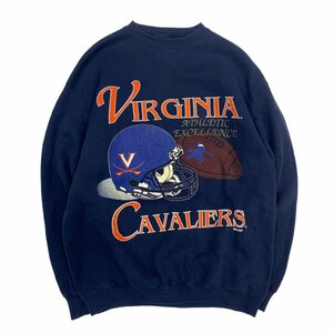 【L】USA 古着 90s USA製 VIRGINIA CAVARIERS 90年代 大判プリント トレーナー スウェット クルーネック ネイビー