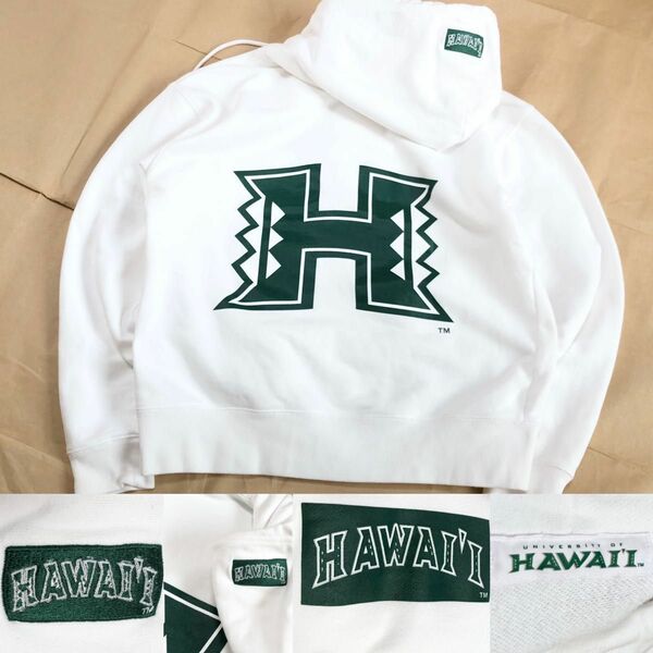 ハワイ大学 パーカー S-M程度スウェット Hawaii 白 アメリカ カレッジ ハワイ 刺繍 バックプリント ホワイト