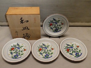 ●三彩亭 京紫 龍峰 和皿揃 4枚 色絵 花鳥図 和食器 ●