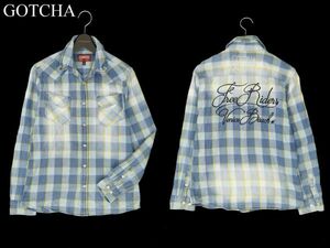 GOTCHA Gotcha через год USED обработка Logo вышивка * длинный рукав Denim Western проверка рубашка Sz.M мужской Surf C3T08352_9#C