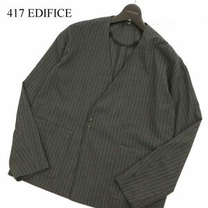 美品★ 417 EDIFICE エディフィス ストライプ★ フックボタン オーバーサイズ ノーカラー ジャケット Sz.S　メンズ グレー　C3T09202_A#O