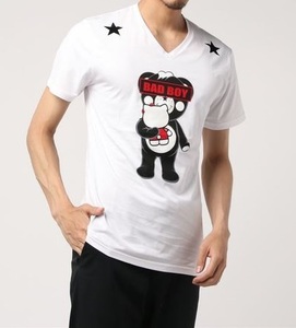 (I07524) タンタ TANTA × HELLO KITTY コラボ BAD BOY CHAPPY LOVES コットン Vネック 半袖Tシャツ メンズ XL ホワイト