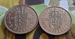 2種類 イギリス1953年シリング 英国コイン 本物 ライオンデザイン エリザベス女王25mm綺麗にポリッシュされていてピカピカのコインです
