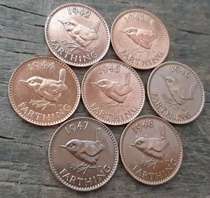 7個 イギリス 1942~48年 ブロンズ ジョージ王ファジング 英国コイン 小鳥デザイン 本物 