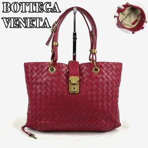 美品■BOTTEGA VENETA ボッテガヴェネタ ローマバッグ イントレチャート ハンドバッグ カデナ ゴールド金具 ミニトート ラムレザー レッド