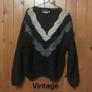 Vintage ハンドニット チルデンセーター ブラック ニットセーター セーター