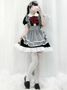 ギンガムチェック メイド服 コスプレ 4点セット ロリータ ブラック M