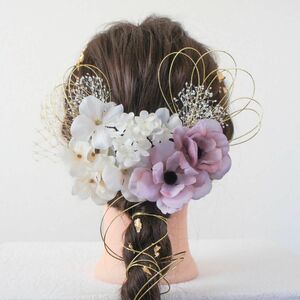 髪飾り　ヘッドドレス　成人式　卒業式　結婚式　金箔　水引　ゴールド　ウエディング　アネモネ　和装　振袖　ドライフラワー　紫　白　花