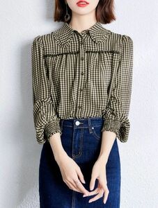 SHEIN Honeyspot ギンガム コントラストレース フリルトリム シャツ ブラウス