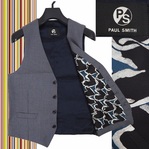 未使用品 ポールスミス 裏地プリント シルク 高級 ウール ジレ ベスト L メンズ Paul Smith ストライプ