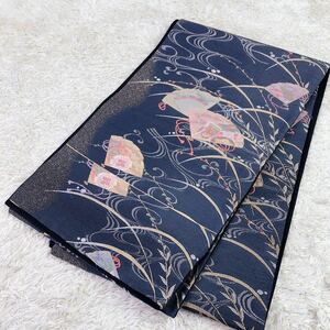 [ Rene -toru] capital . Mai length ... real / month double-woven obi obi gray silk embroidery simplified excellent article fan ... water length 364cm kimono kimono small articles * including in a package possible * 1032