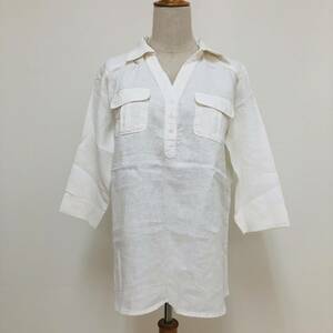 k1217 tag attaching BUI shirt 7 minute sleeve French linen100% half button thin LL eggshell white lady's fine quality simple tei Lee casual 