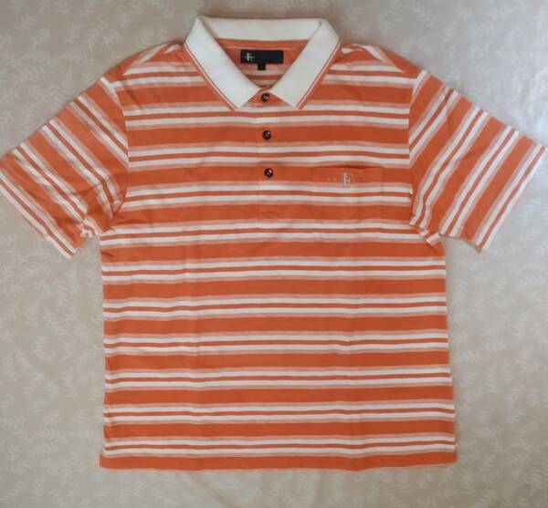 エピキュール　半袖シャツ　サイズＯ（小さめＬ相当）オレンジ色×ボーダー　綿77％ ややストレッチ　細かいメッシュ風 ドライ速乾薄手生地