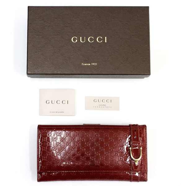 【GUCCI】グッチ　Wホック長財布　マイクロGG　パテントレザー　ワインレッド　ゴールド金具 20231031