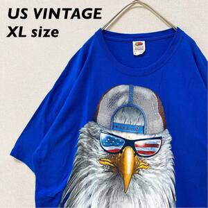 US古着　半袖Tシャツ　ビッグプリント　鳥　星条旗　男女兼用　青色　XLサイズ　大きいサイズ　ユニセックス　プリントロゴ　ブルー