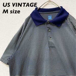 US古着　半袖ポロシャツ　ラガー　ボーダー　刺繍ロゴ　男女兼用　ネイビー　Mサイズ　ユニセックス　ゴルフウェア