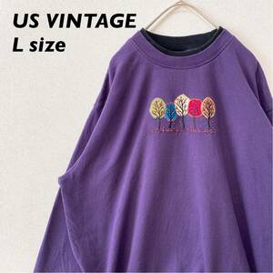US б/у одежда тренировочный футболка вышивка дерево .... Showa Retro L размер фиолетовый цвет тянуть over большой размер 
