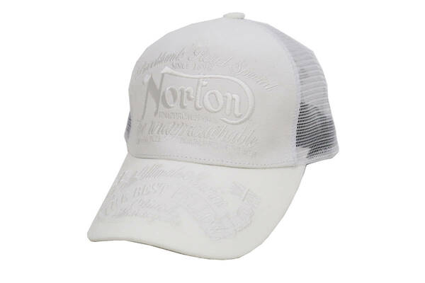 ノートンモーターサイクル ポリエステルスエード メッシュキャップ Norton 帽子 刺繍 231N8704B ホワイト 新品