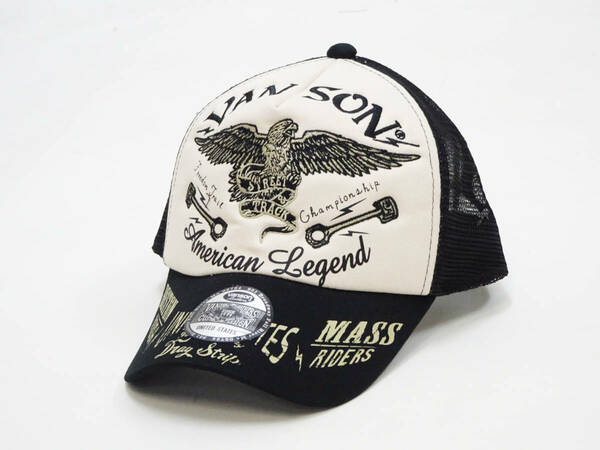 バンソン メッシュキャップ VANSON 帽子 刺繍＆ステッカー イーグル ピストン NVCP-2302 ナチュラル×ブラック 新品