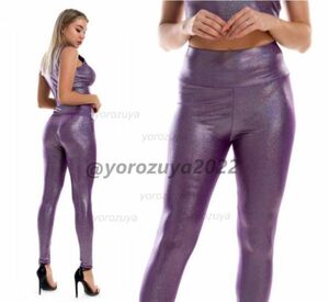 83-442-18 metallic lame lustre leggings piece .. pants [ purple,L size ] Dance party lady's skinny yoga cosplay.1