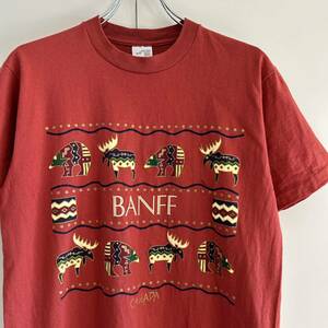 90s FRUIT OF THE LOOM フルーツオブザルーム カナダ製 BANFF スーベニア プリントTシャツ M 袖裾シングル アート 古着 ヴィンテージ