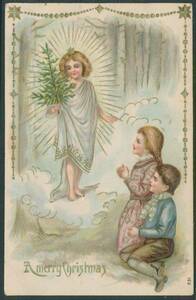 アンティーク・ポストカード　『クリスマス＊降臨する天使と子供たち＊未使用』