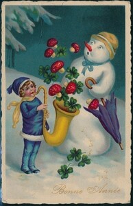 アンティーク・ポストカード　『新年＊サックスを吹く少女、飛び出すキノコと雪だるま』