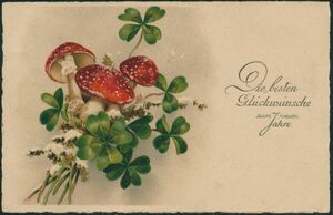 アンティーク・ポストカード　『新年、雪と赤いキノコ、四つ葉のクローバー』
