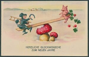 アンティーク・ポストカード　『新年＊キノコのシーソーで遊ぶ子豚と煙突掃除屋＊未使用』　
