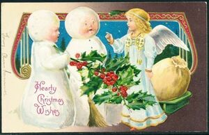アンティーク・ポストカード　『クリスマス＊雪だるまと天使＊未使用』