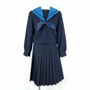 1円 セーラー服 スカート スカーフ 上下3点セット 冬物 黒2本線 女子 学生服 中学 高校 紺 制服 中古 ランクC EY9833