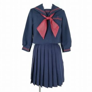 1円 セーラー服 スカート 上下3点セット 130A カンコー 冬物 赤2本線 女子 学生服 山口大歳小学校 紺 制服 中古 ランクC NA0980