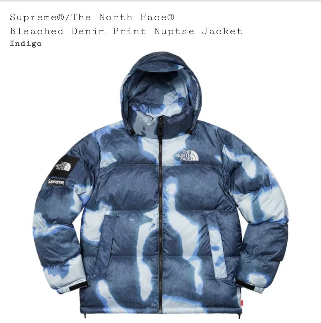 Supreme The North Face Bleached Denim Print Nuptse Jacket Indigo