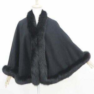 美品【 大判サイズ / 和装・洋装OK 】￥1～ 高級毛皮 カシミヤ100％×フォックス ◆ストール 幅:80cm×長さ115cm ◆ブラック ◆S504Y