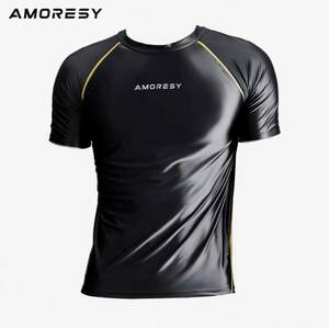 AMORESY Uranusシリーズスポーツ半袖Tシャツメンズストレッチ光沢フィットネスタイト速乾ランニング ブラック