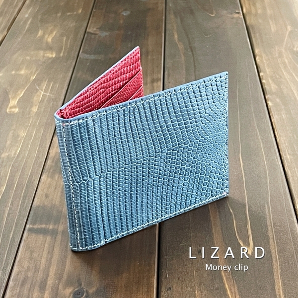 LIZARD リザード マネークリップ ブルージーン × ダークレッド 青 赤 無双 レア トカゲ 蜥蜴 コンパクト ミニ 財布 メンズ　レディース