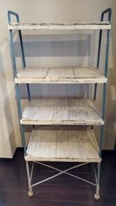 古いアイアン棚 棚板木製 白ペンキ 昭和レトロ ターコイズブルー 可愛い棚 アンティーク フレンチスタイル
