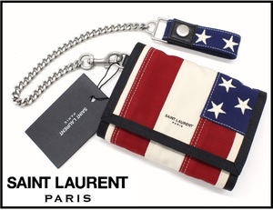 7万新品◆Saint Laurent◆星条旗マジックテープ式三つ折りチェーンウォレット【サンローラン】1円