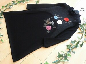 【新品】7724【ML】上質 花模様ニット刺繍 ニットワンピース 黒 長袖 上品 エレガント 40代 50代 60代 秋 冬